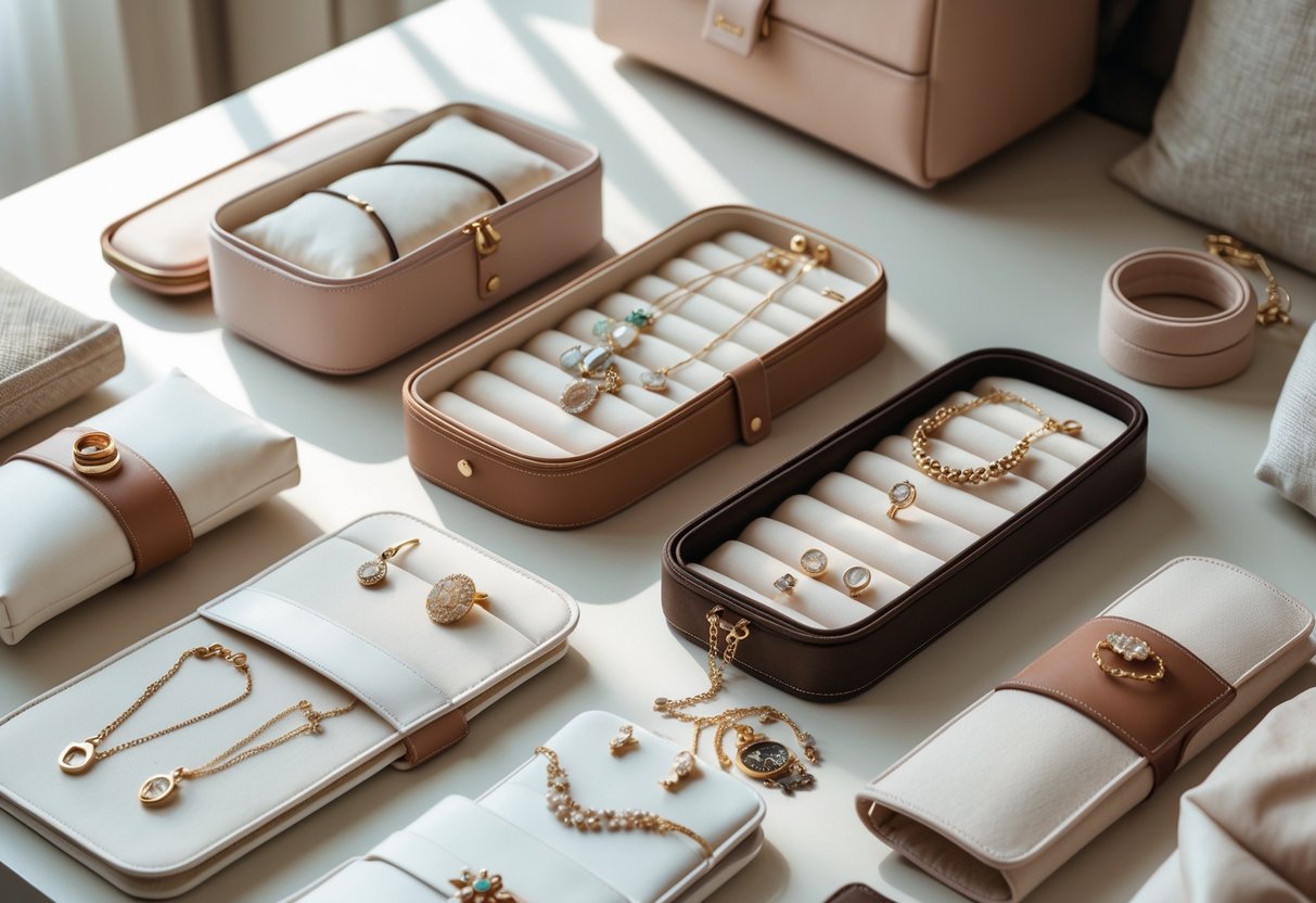A collection of jewelry organizers including pouches, boxes, and rolls holding various pieces of jewelry arranged on a surface with a suitcase in the background.