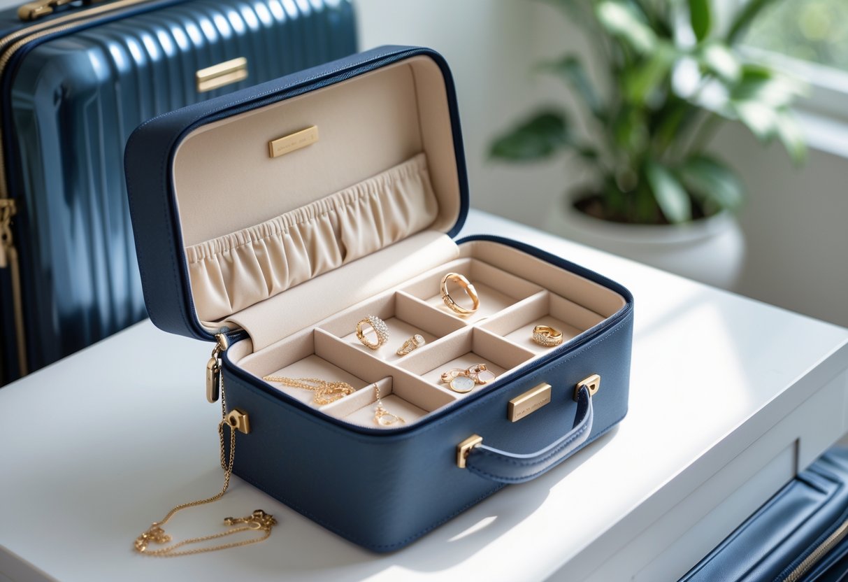 Open compact jewelry storage case with organized keepsake jewelry inside, placed near a carry-on suitcase.