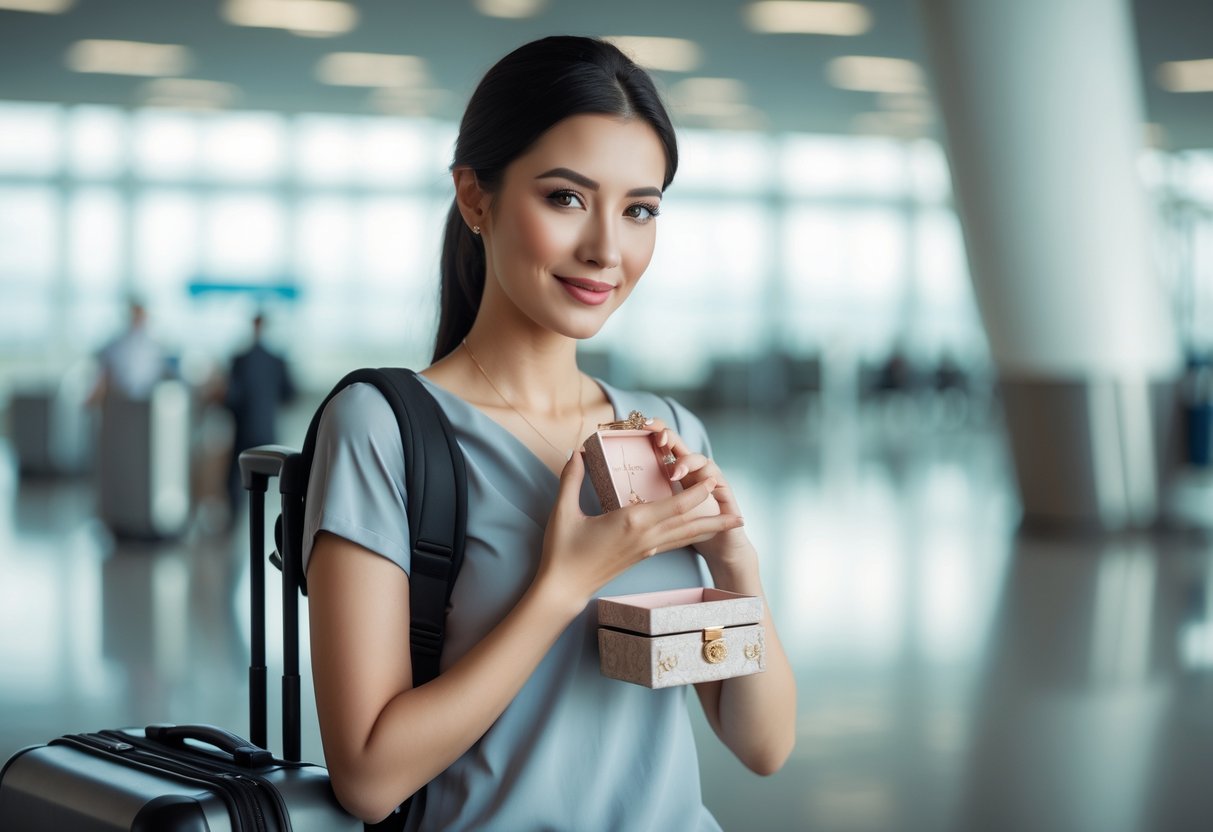 A young woman holding a small jewelry box close to her chest while standing next to a carry-on suitcase in an airport terminal.