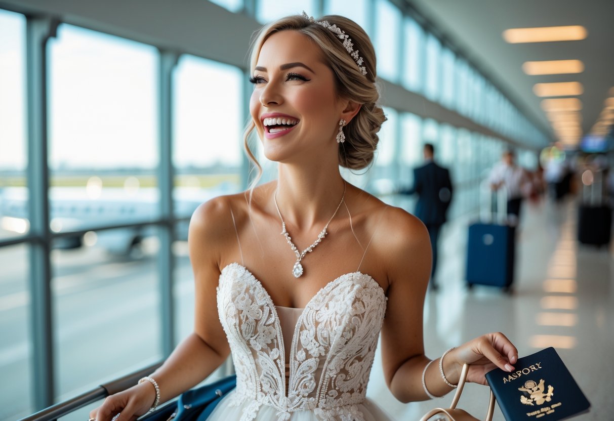A bride in a wedding dress at an airport holding a passport and wearing elegant jewelry, preparing to board a flight.