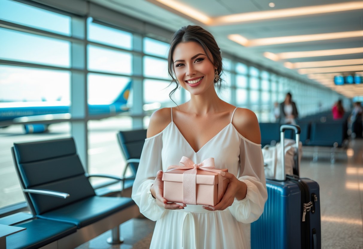 A young woman at an airport holding a wrapped gift box, sitting near a window with airplanes visible outside.