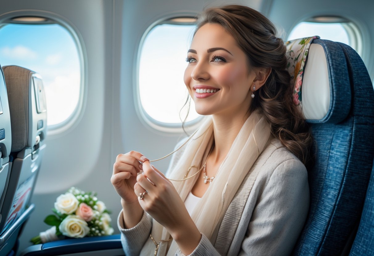 A smiling woman sitting on an airplane holding a piece of jewelry, with a window showing blue sky outside.