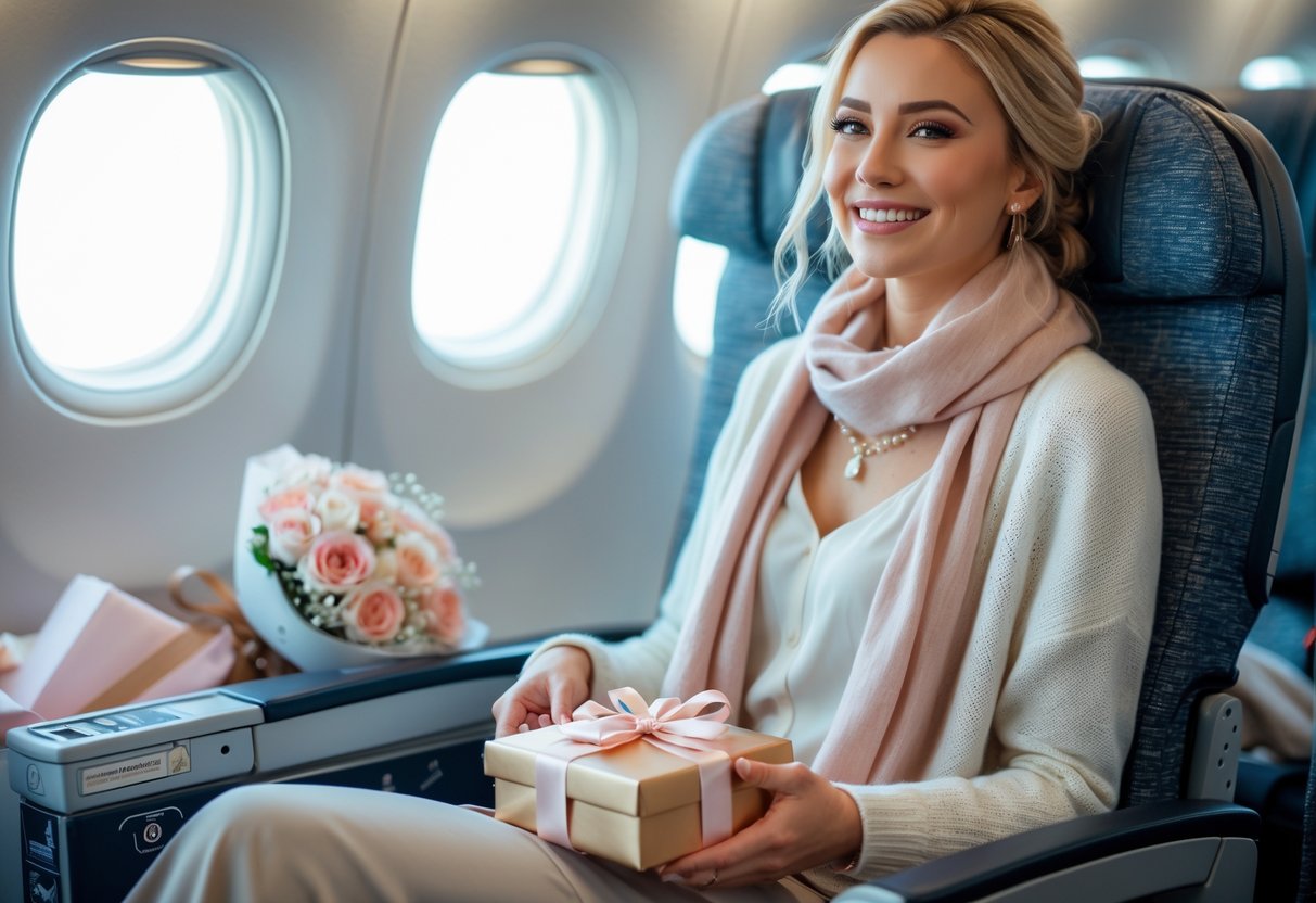 A woman sitting on an airplane seat holding a wrapped gift, dressed comfortably and stylishly for travel.