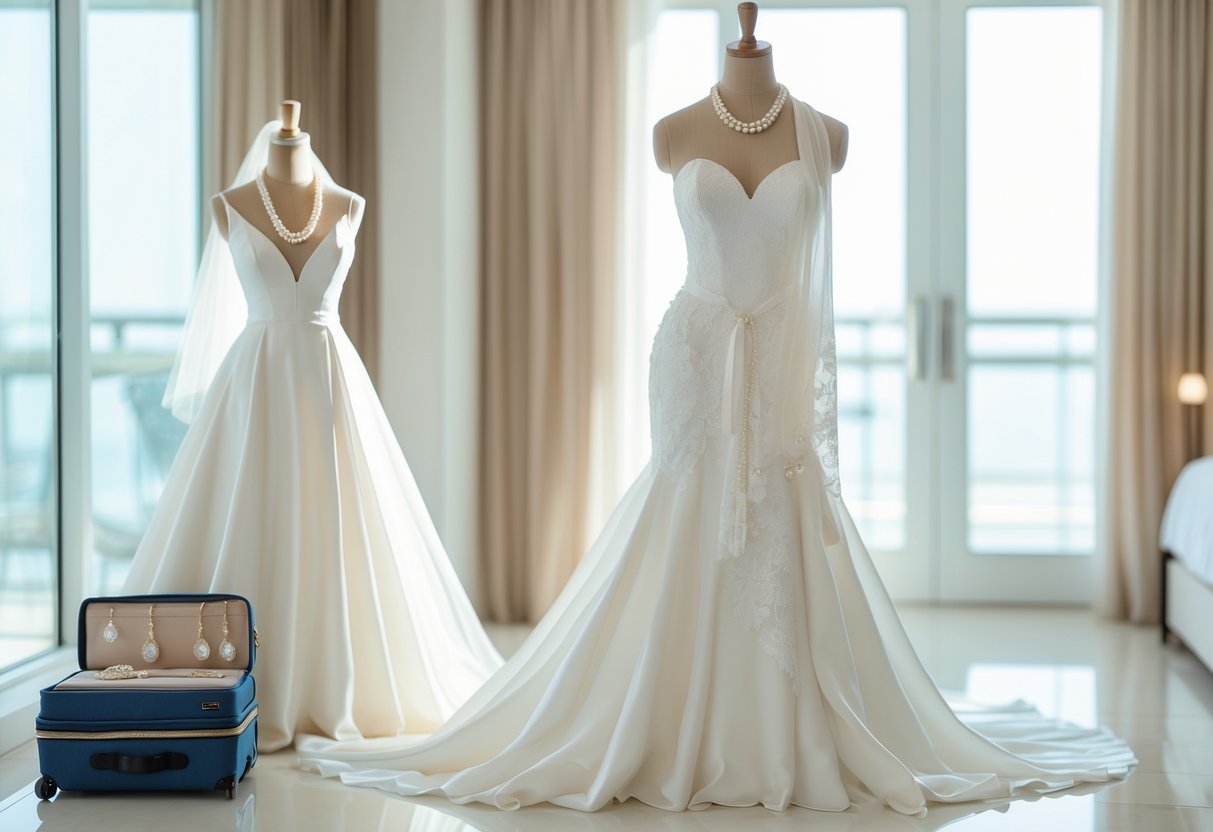 A white wedding dress with bridal accessories arranged next to a packed carry-on suitcase in a bright room.