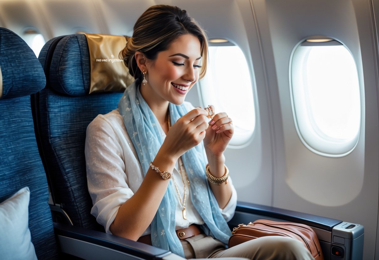 A young woman sitting on an airplane seat, smiling while looking at a piece of jewelry she is holding.
