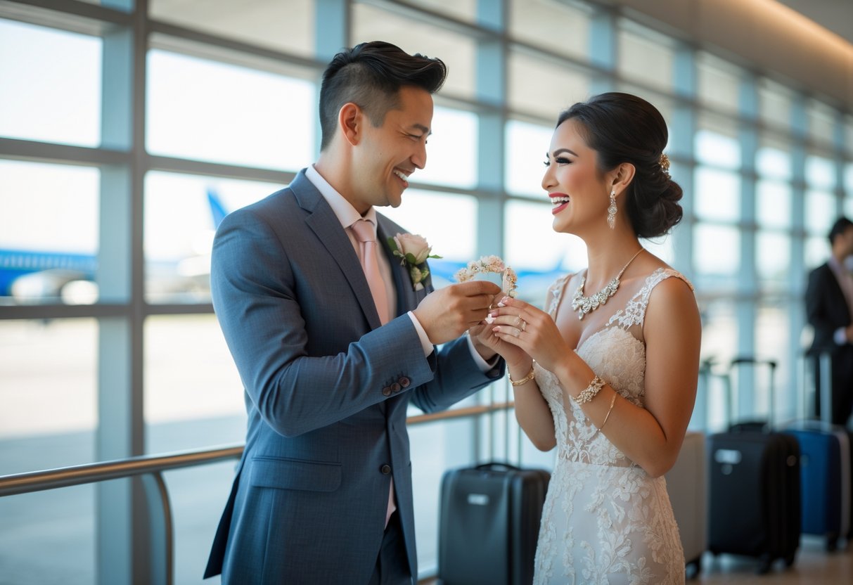 A couple at an airport terminal where the groom surprises the bride with a piece of jewelry before their flight home.