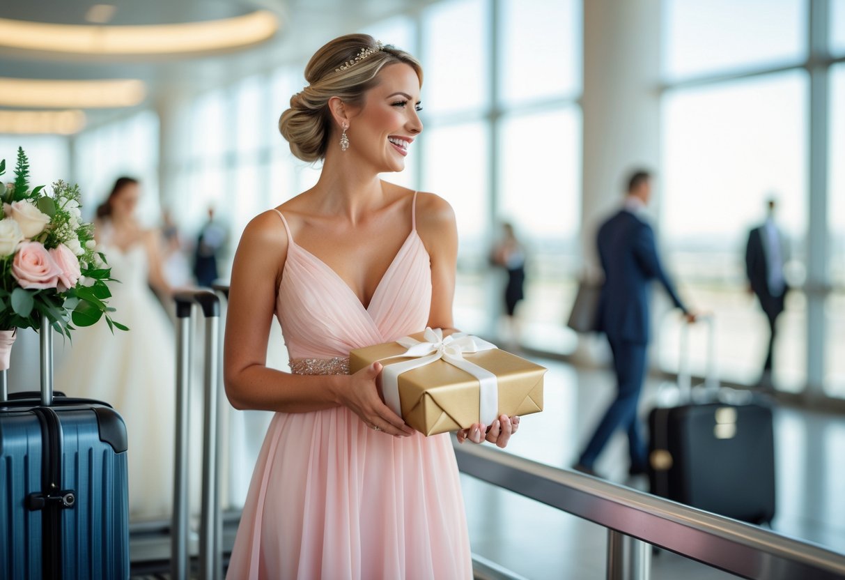 A bridesmaid in a pastel dress holding a wrapped gift near luggage at an airport, smiling with wedding flowers nearby.