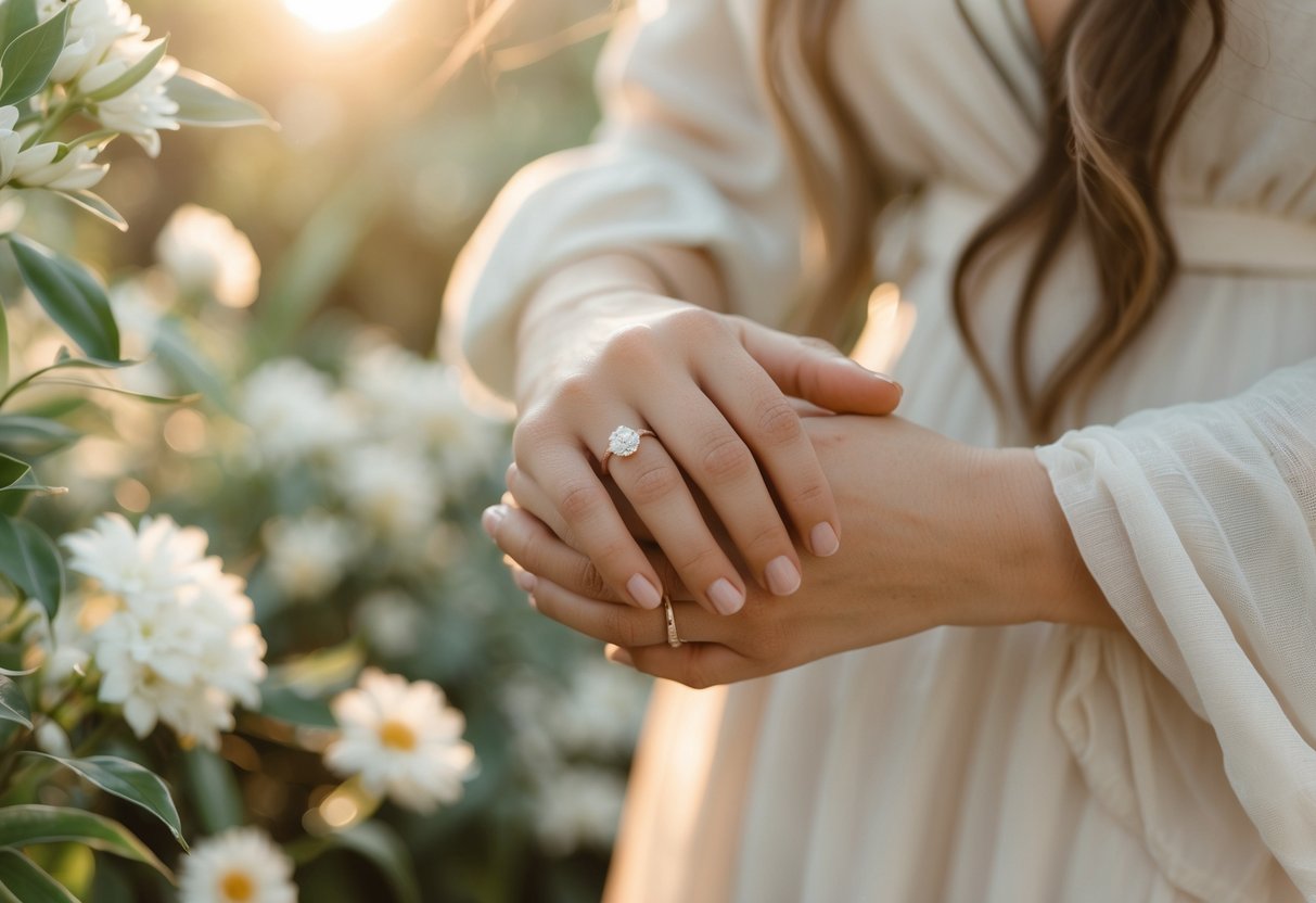 Close-up of a couple holding hands wearing simple wedding rings with soft natural background of green leaves and white flowers.