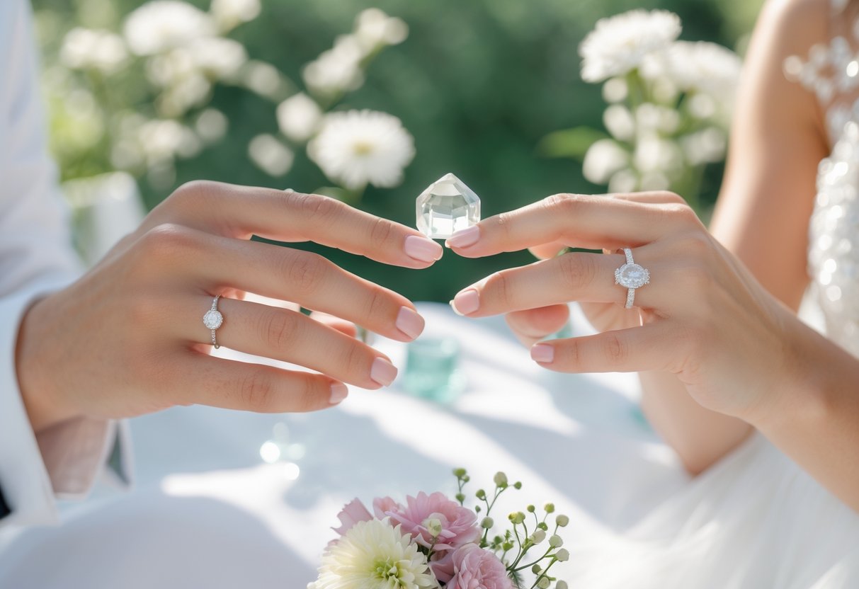 A bride and groom exchanging rings outdoors surrounded by greenery and soft flowers, symbolizing love and wellness.