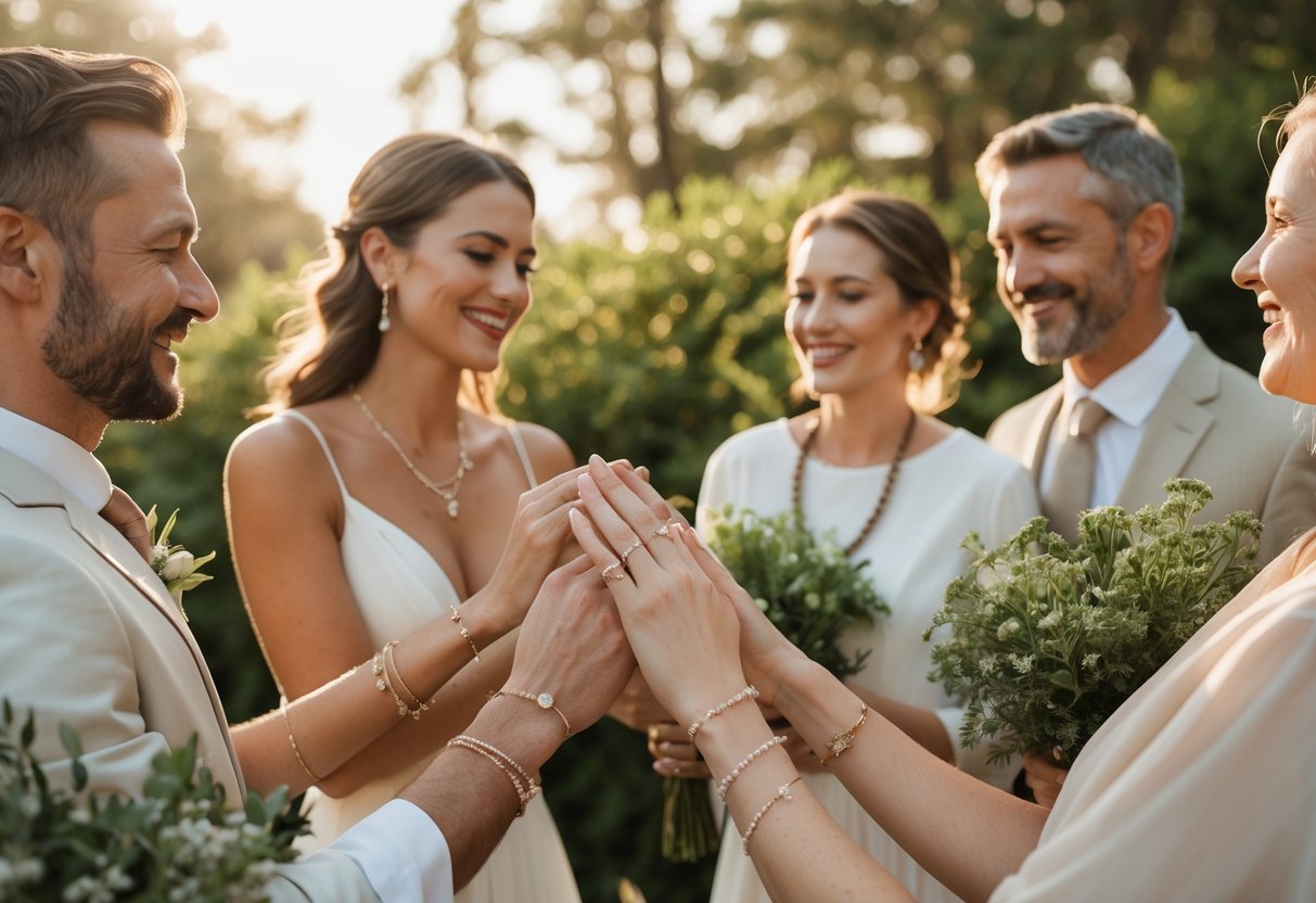 A couple exchanging wedding vows outdoors surrounded by family and friends, wearing subtle jewelry that symbolizes love and wellness.
