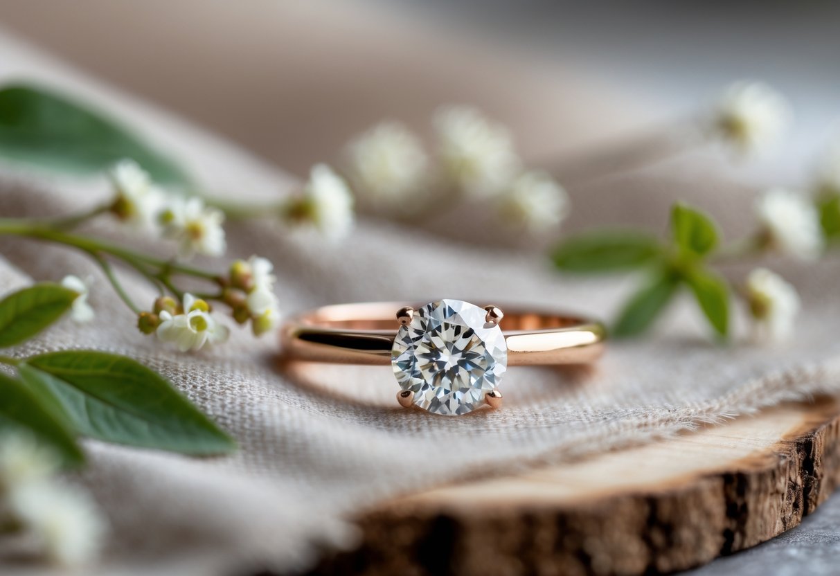 Close-up of a sparkling engagement ring on a soft surface surrounded by green leaves and white flowers.