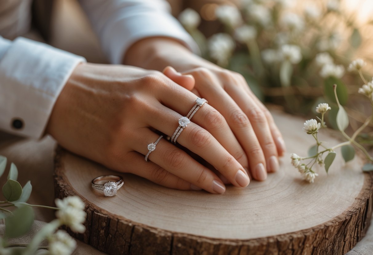 Close-up of a couple's hands holding each other, wearing wedding bands, surrounded by greenery and soft natural light.