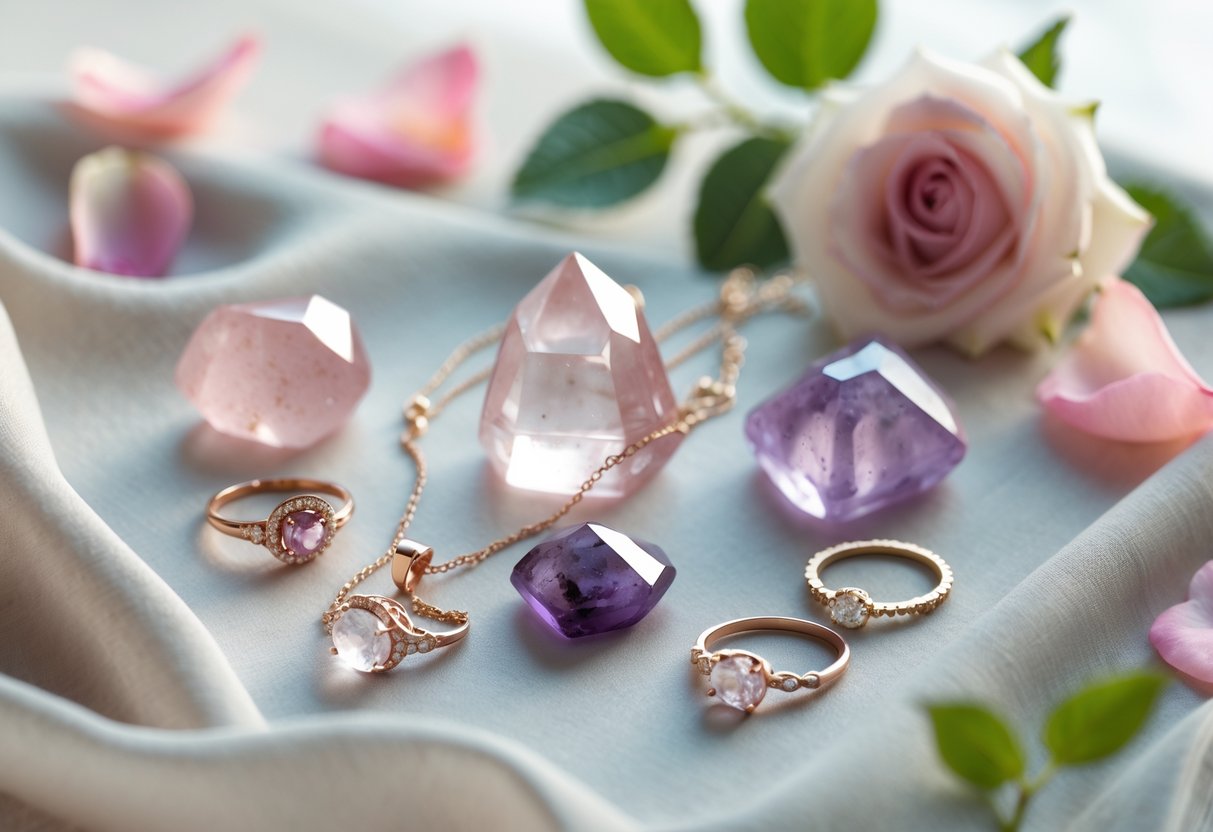 Close-up of gemstones and wedding jewelry arranged with rose petals and leaves on soft fabric.