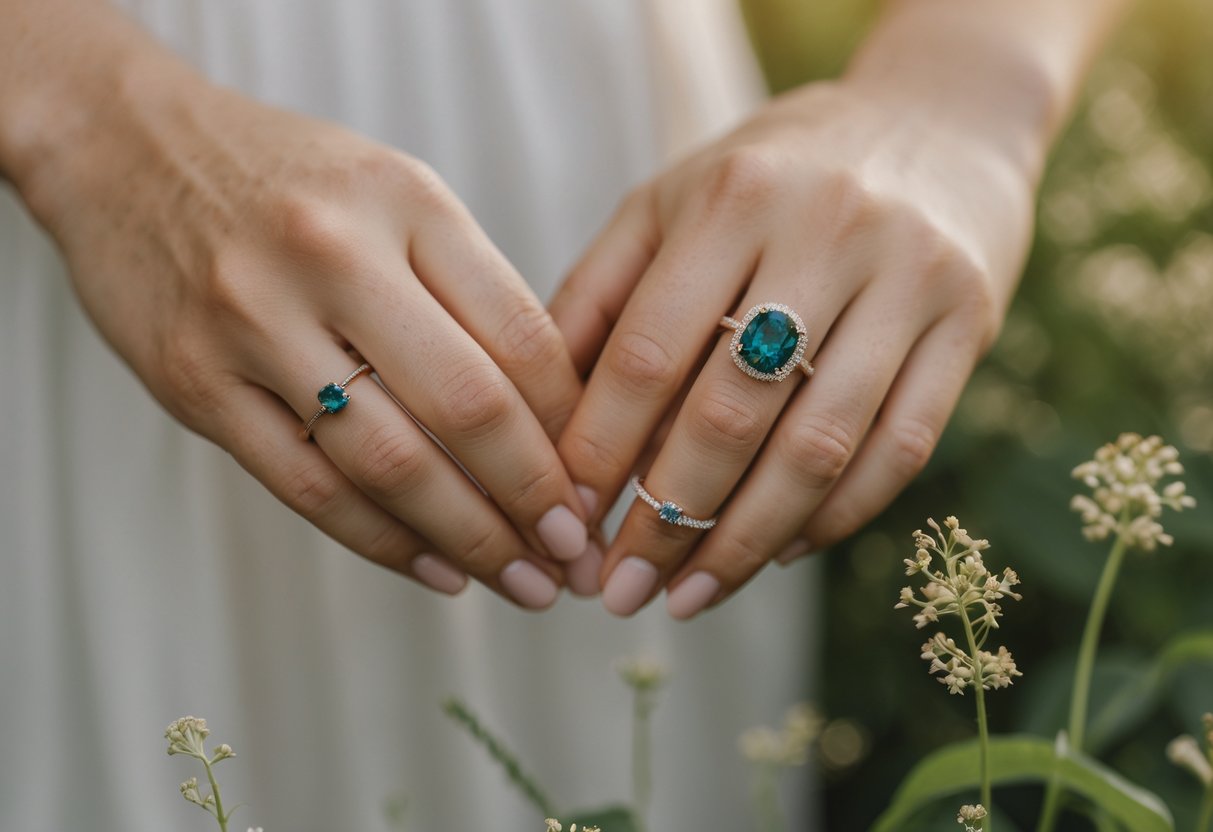 Close-up of two hands holding sustainable wedding rings outdoors with greenery and wildflowers in the background.