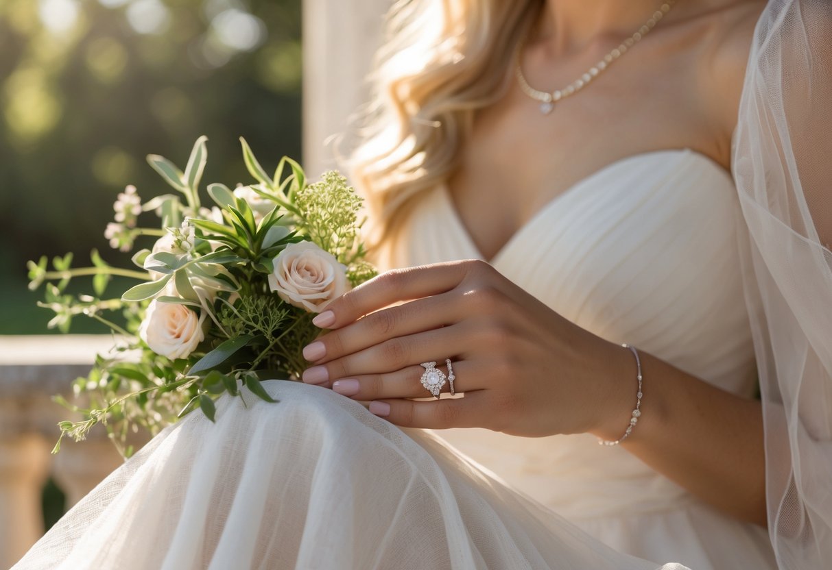 A bride wearing clear gemstone bridal rings holds a small bouquet of fresh flowers outdoors in soft natural light.