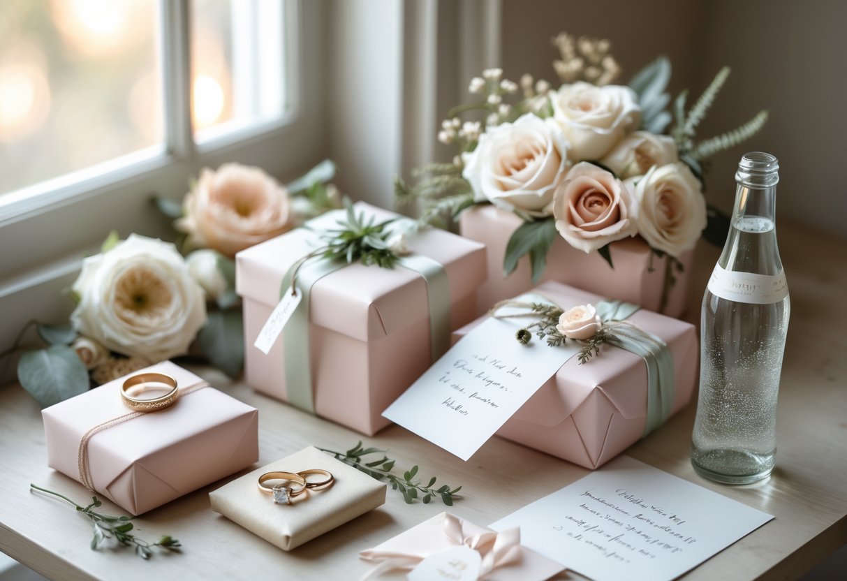 A collection of elegant wedding keepsakes including wrapped gift boxes, a bridal bouquet, wedding rings, and a non-alcoholic beverage arranged on a wooden surface near a softly lit window.