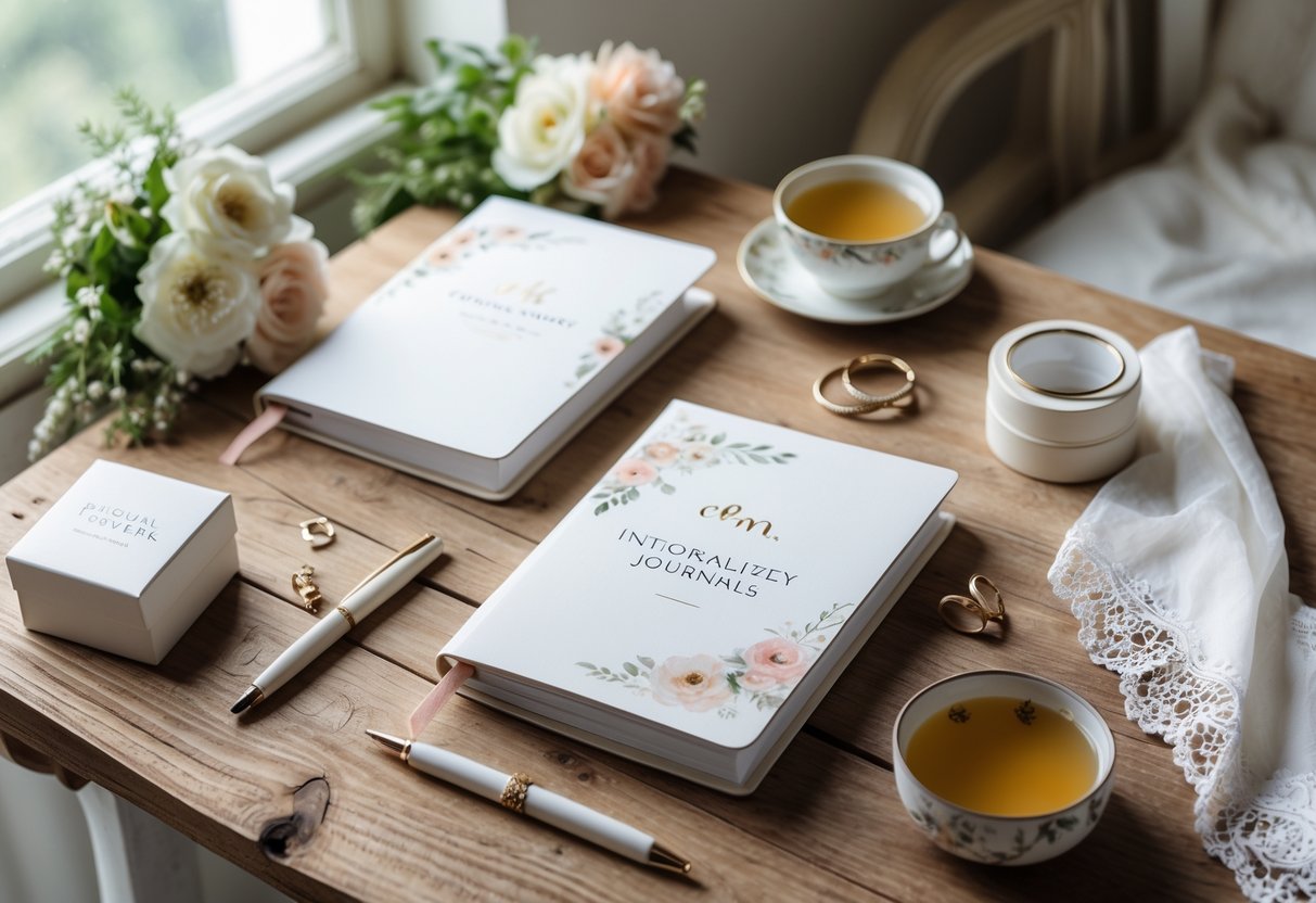 A bright bridal suite table with personalized journals, pens, a cup of herbal tea, fresh flowers, and a wedding ring box arranged thoughtfully.