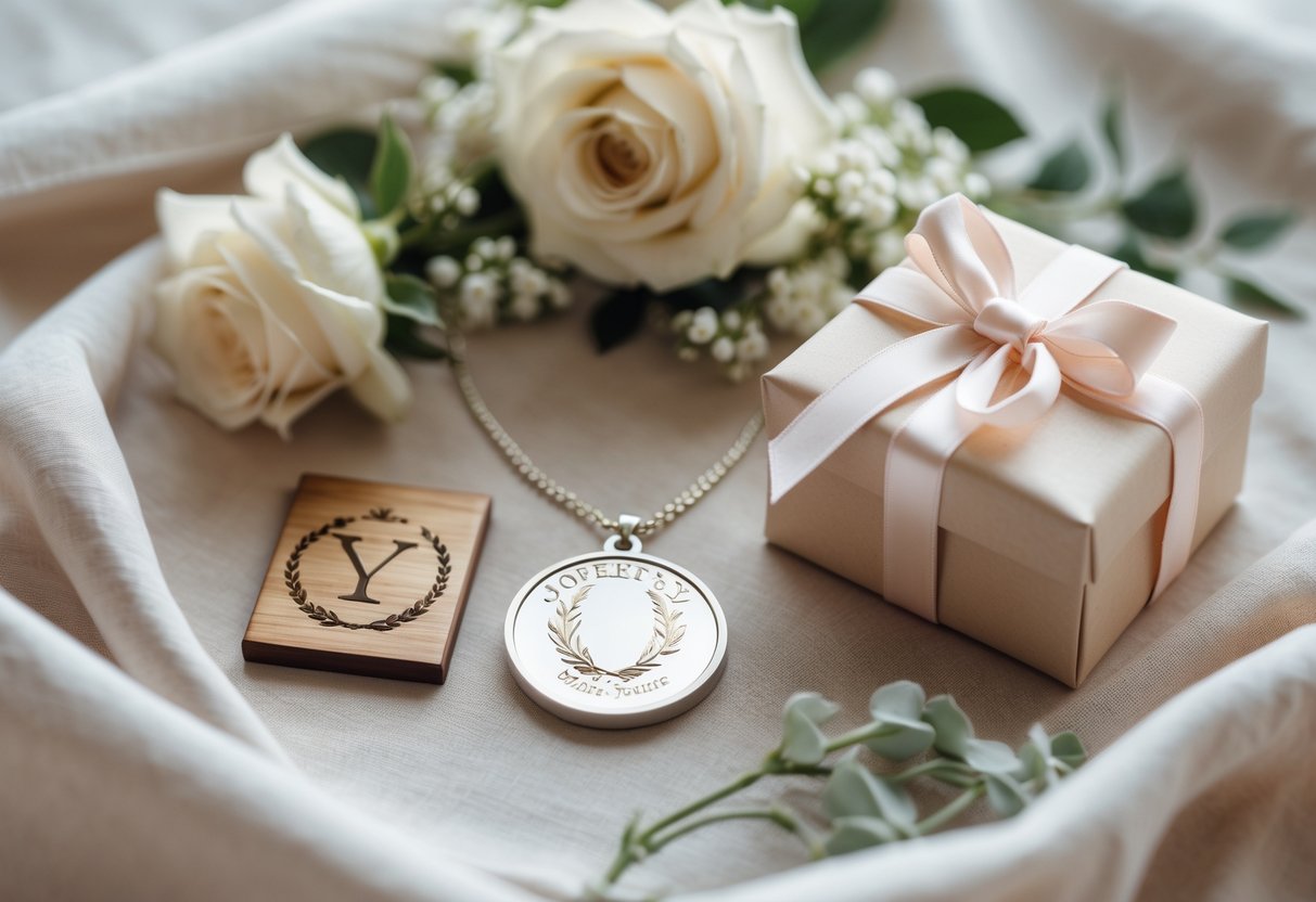 A collection of sobriety tokens and keepsakes arranged on soft fabric with white roses and greenery.
