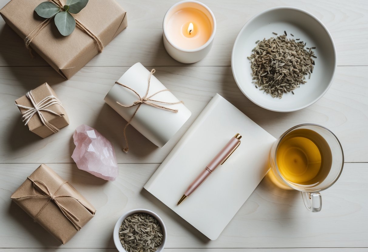 A flat lay of mindfulness and wellness gifts including a wrapped box with eucalyptus, a lit candle, rose quartz crystals, a journal with a pen, dried lavender, and a cup of herbal tea on a light wooden surface.