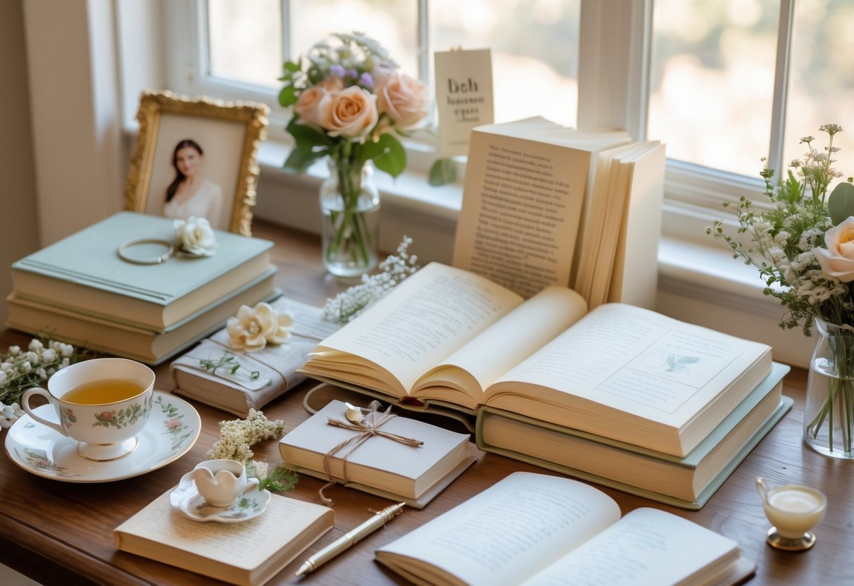 A wooden table with books, fresh flowers, a teacup, a journal, and personal keepsakes arranged thoughtfully in natural light.