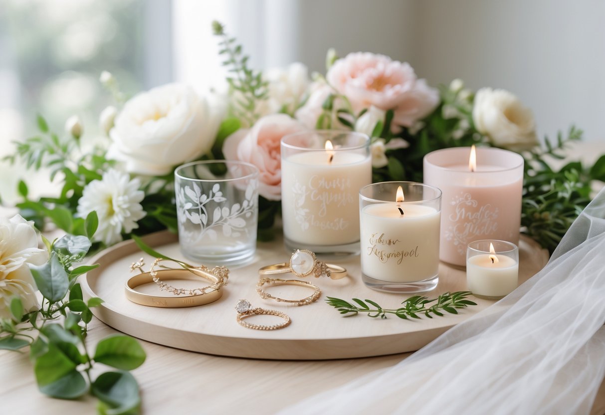 A collection of elegant bridal keepsakes including handcrafted jewelry, personalized glassware, artisanal candles, fresh flowers, and a bridal veil arranged on a wooden table.