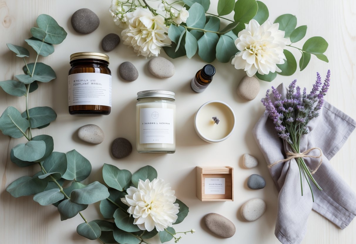 Flat lay of health and wellness gifts including herbal teas, essential oil diffuser, candle, keepsake box, and flowers on a light wooden surface.
