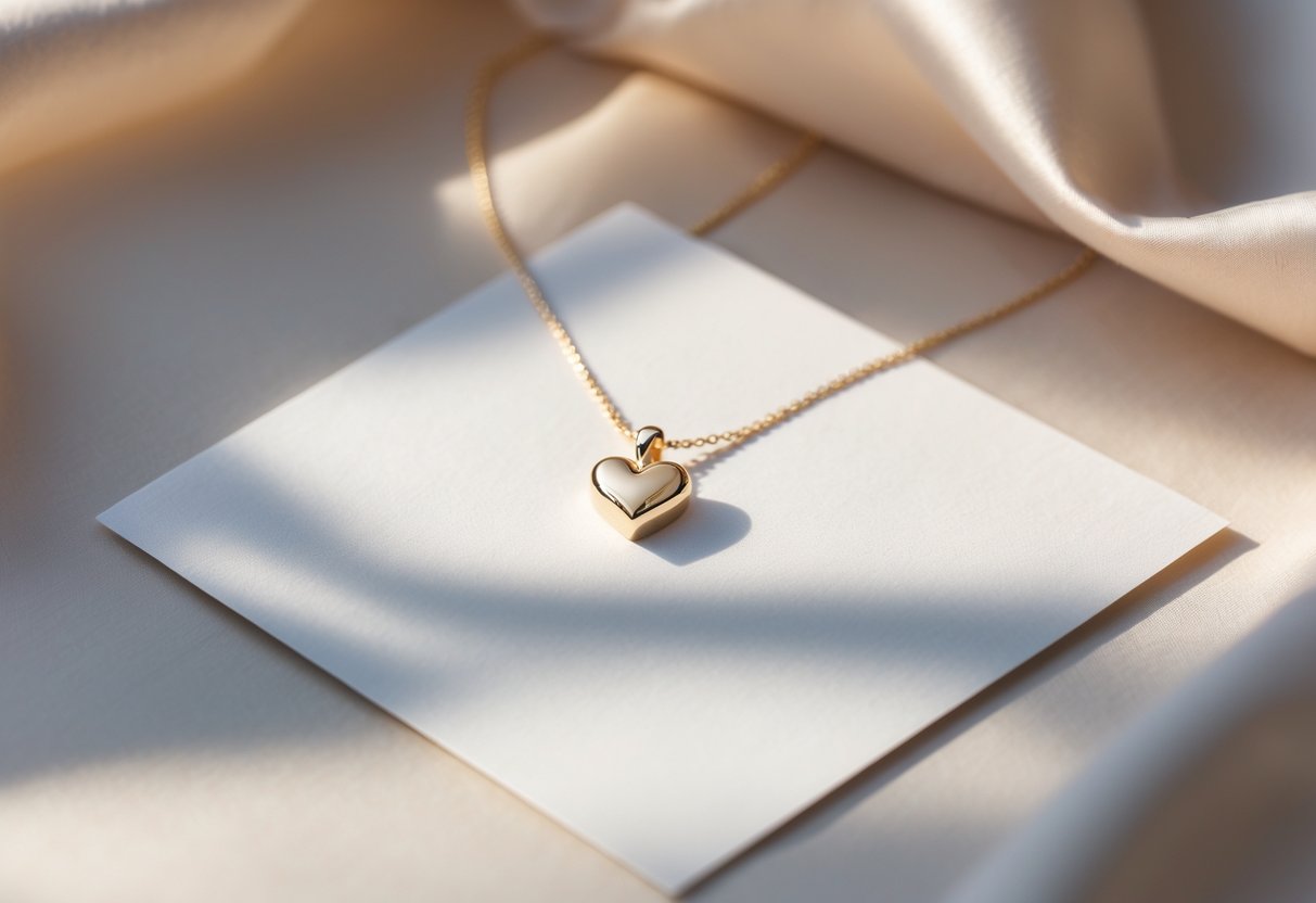 A heart-shaped pendant resting on a simple jewelry message card on a soft background.