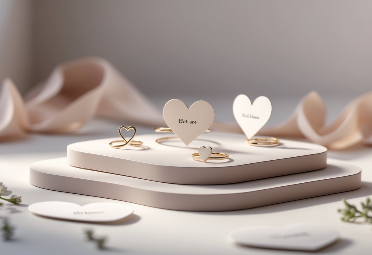 A close-up of heart-shaped message cards surrounded by delicate jewelry pieces on a smooth surface.