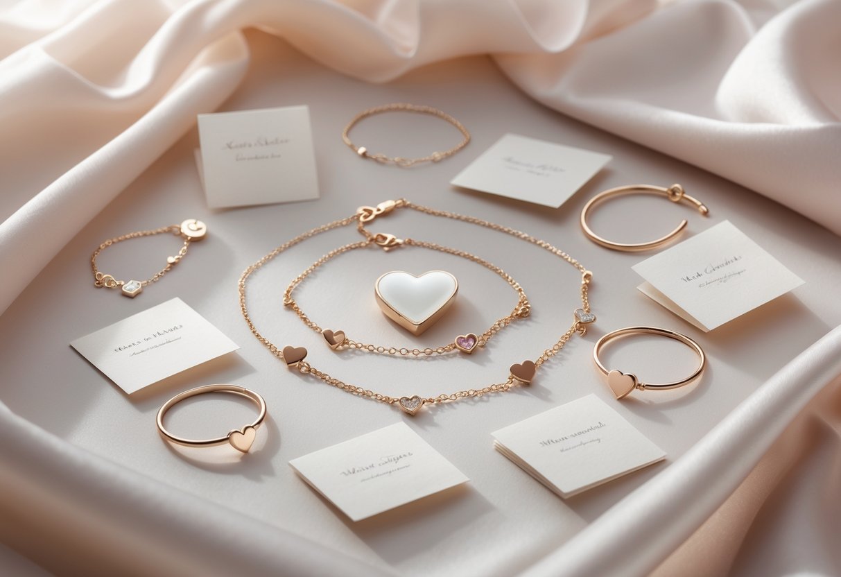 An assortment of jewelry with heart-shaped charms arranged next to small blank message cards on a soft surface.