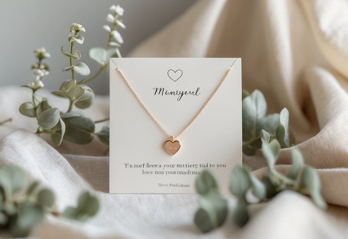 A delicate heart-shaped pendant displayed next to a small message card on a soft, neutral background with gentle greenery.