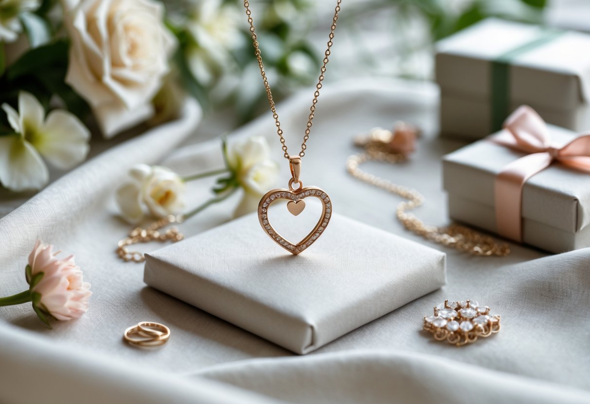 A heart-shaped pendant necklace displayed on soft fabric with flowers and a gift box nearby, creating a calm and thoughtful setting.