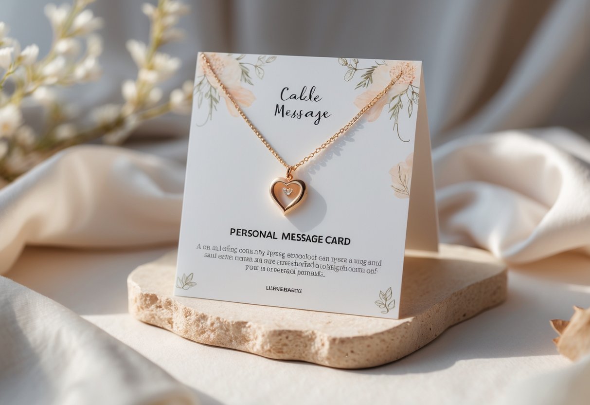 A jewelry message card with a heart-shaped charm placed on a soft surface, surrounded by gentle decorative elements.