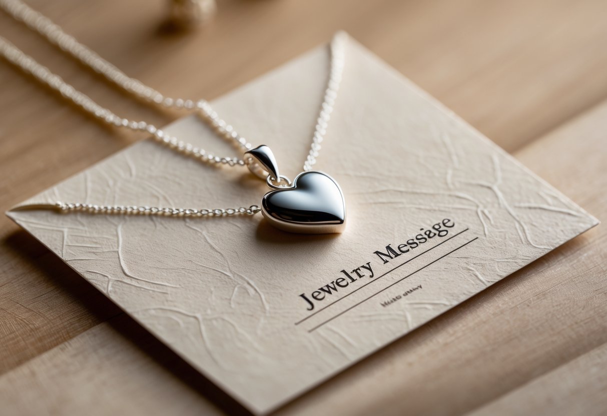 Close-up of a heart-shaped silver pendant resting on a textured message card on a wooden surface.