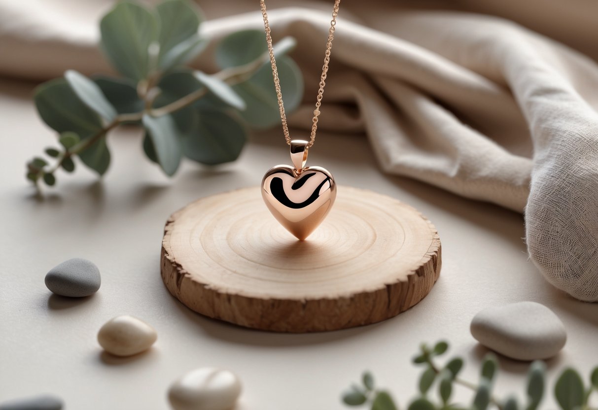 A heart-shaped pendant necklace placed on a wooden surface surrounded by smooth stones and eucalyptus leaves.