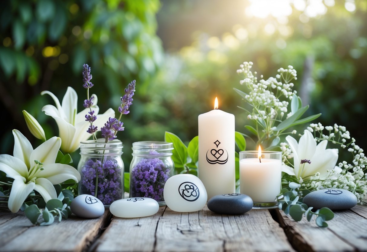 A table displaying wedding favors including lavender jars, white candles, polished stones, and white flowers with greenery in a garden setting.