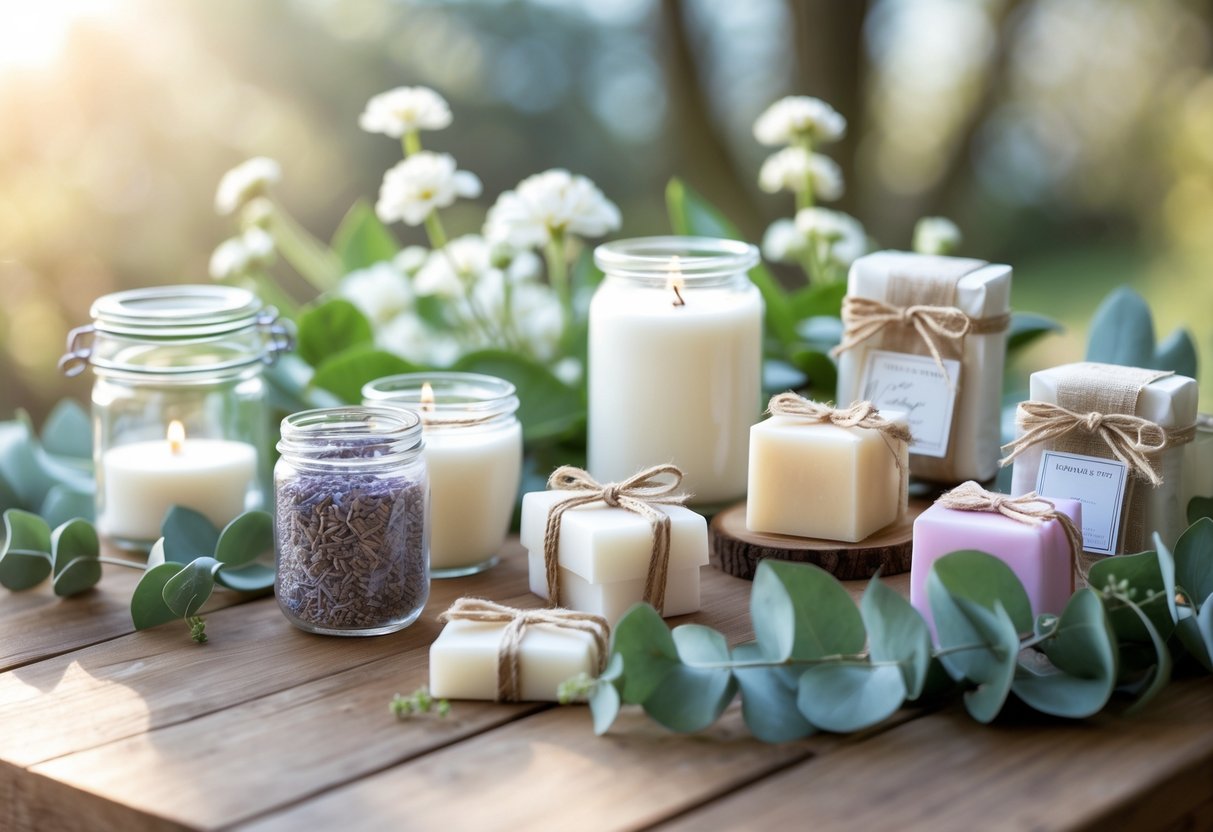A table with wedding favors including small jars of lavender, white candles, wrapped soaps, and green leaves with white flowers in a peaceful garden setting.