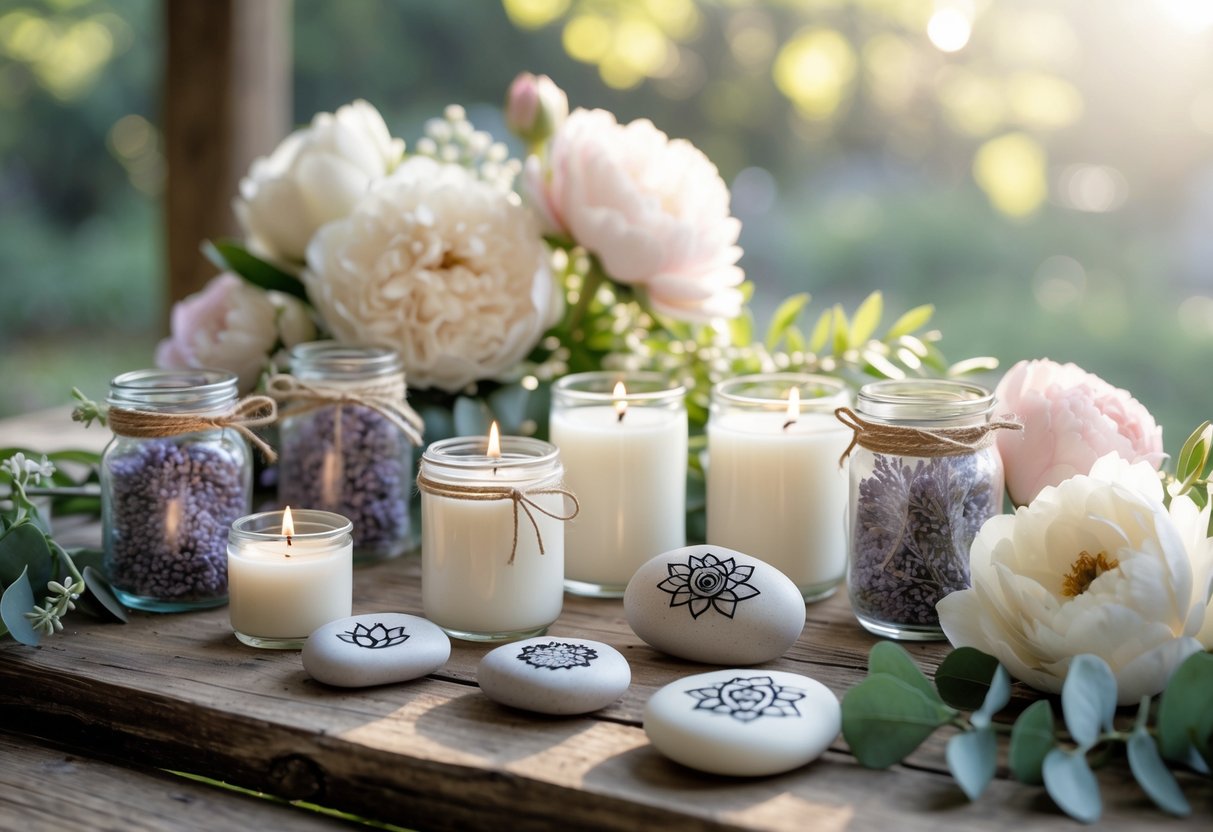A peaceful wedding favor display with candles, lavender jars, engraved stones, and flowers on a wooden table in a garden setting.