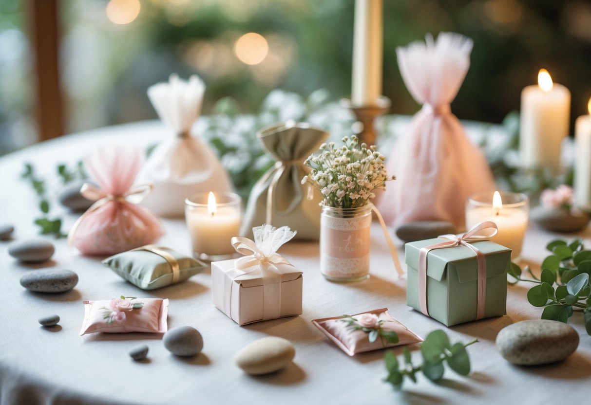 A table displaying elegant wedding favors with flowers, wrapped boxes, and decorative stones, set in a softly lit peaceful environment.