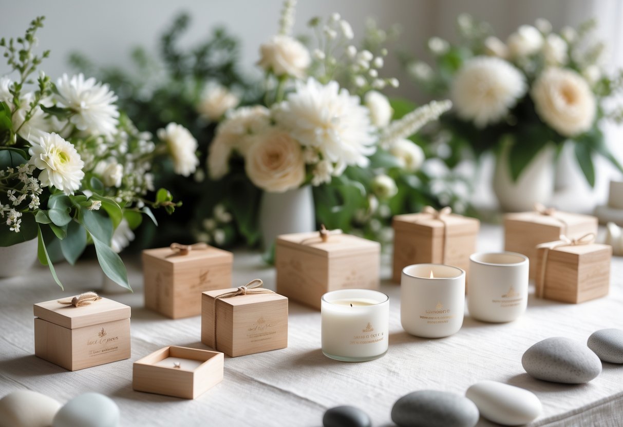 A table with elegant personalized wedding favors including small wooden boxes, candles, and ceramic keepsakes surrounded by flowers and greenery.