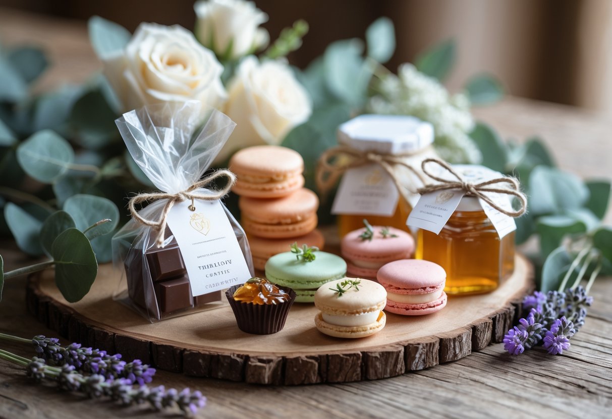 An arrangement of edible wedding favors including chocolates, macarons, and mini jars of honey on a wooden table decorated with white roses and greenery.