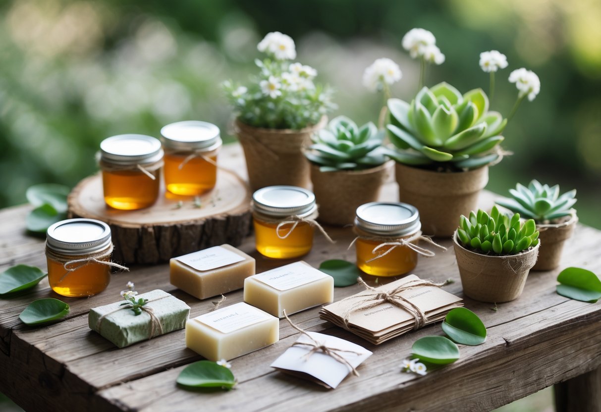 A variety of natural wedding favors including jars of honey, soap bars, seed packets, and small potted plants arranged on a wooden table with flowers and leaves.