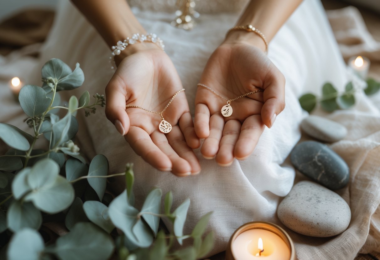 Close-up of a bride's hands holding wellness-themed jewelry surrounded by natural elements and soft lighting.