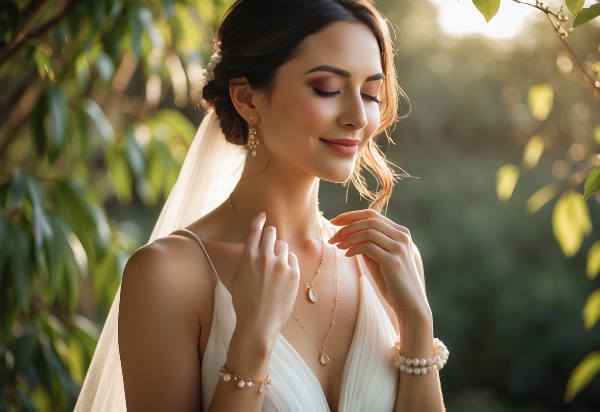 A bride wearing delicate gemstone jewelry in a peaceful outdoor setting, gently touching her necklace with a calm expression.
