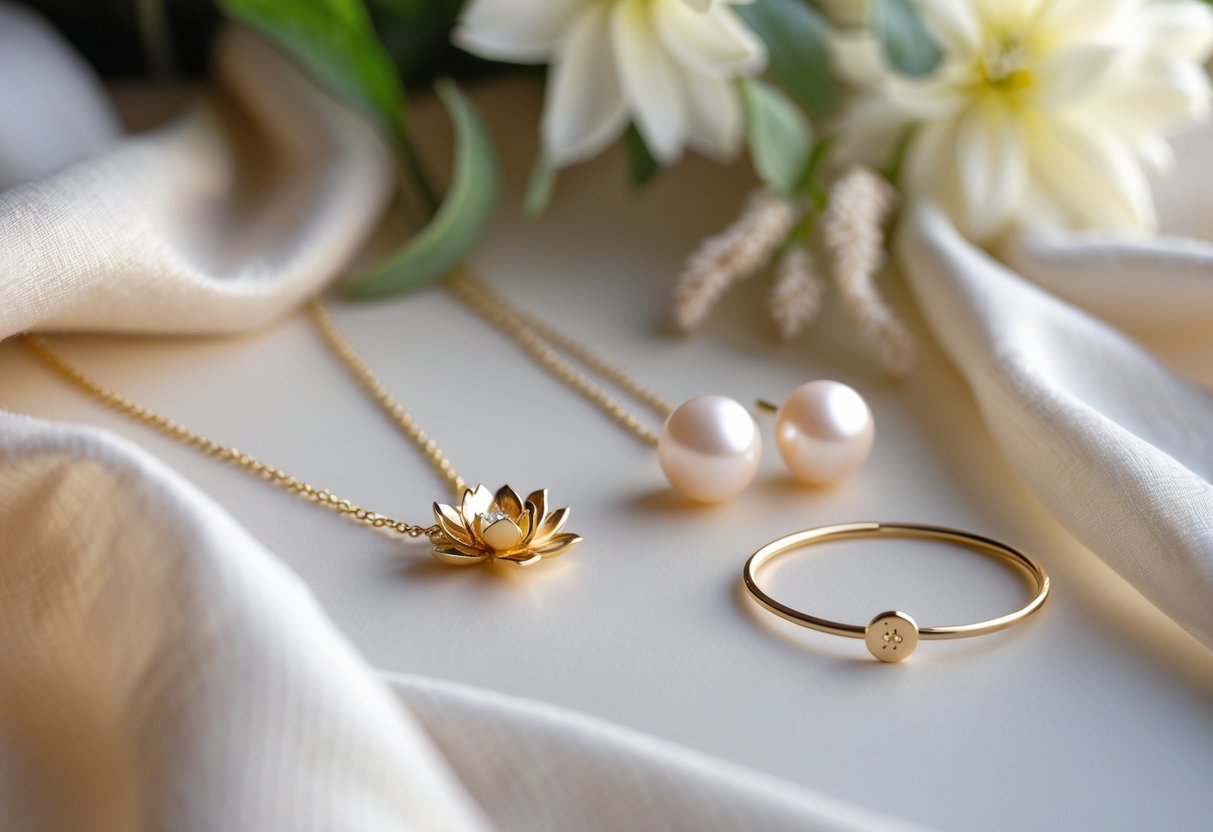 Close-up of elegant gold jewelry including a lotus pendant necklace, pearl earrings, and a charm bracelet arranged on soft neutral fabric with greenery and white flowers in the background.