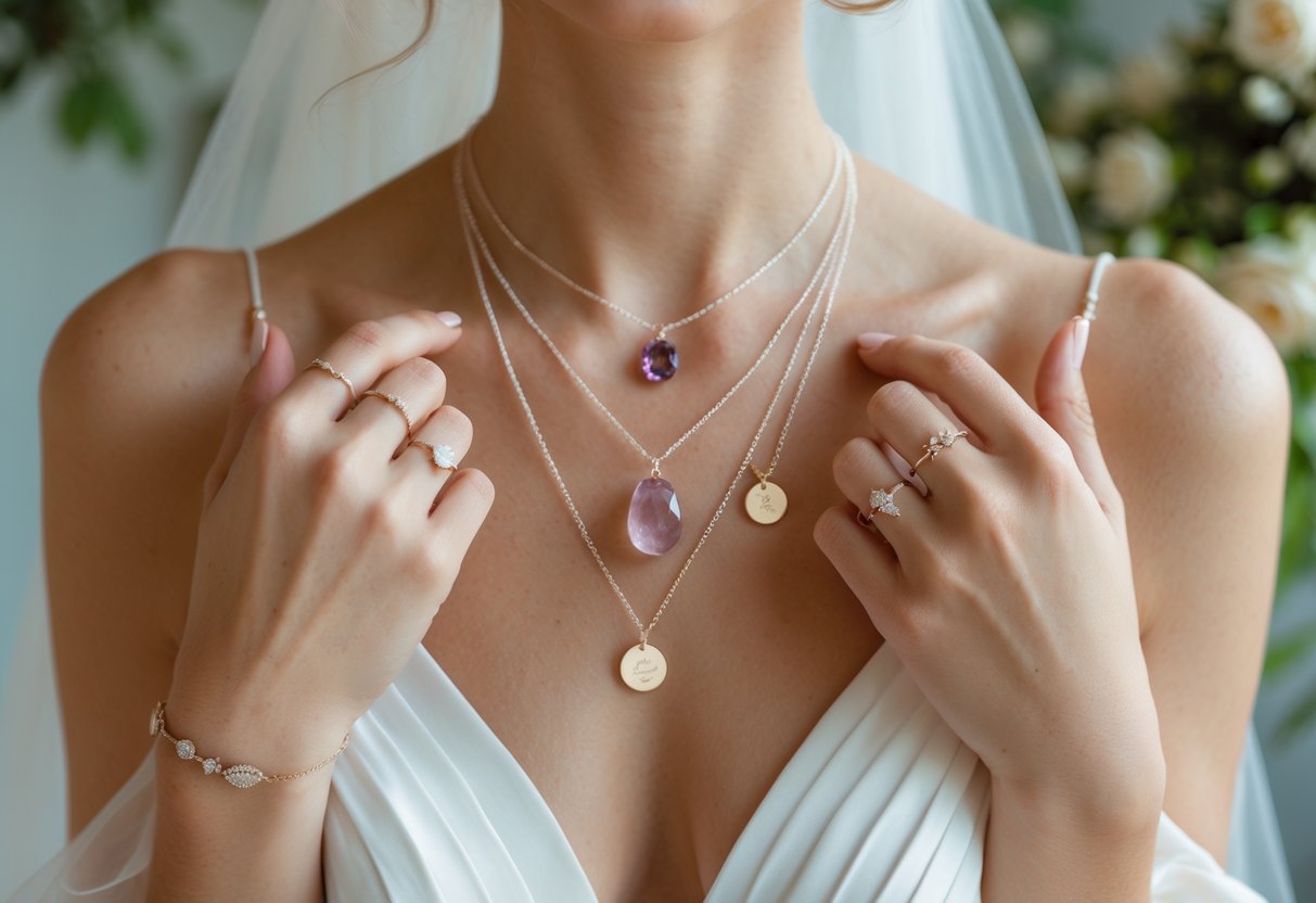 Close-up of a bride wearing personalized jewelry with natural gemstones and engraved charms, symbolizing wellness and mindfulness.