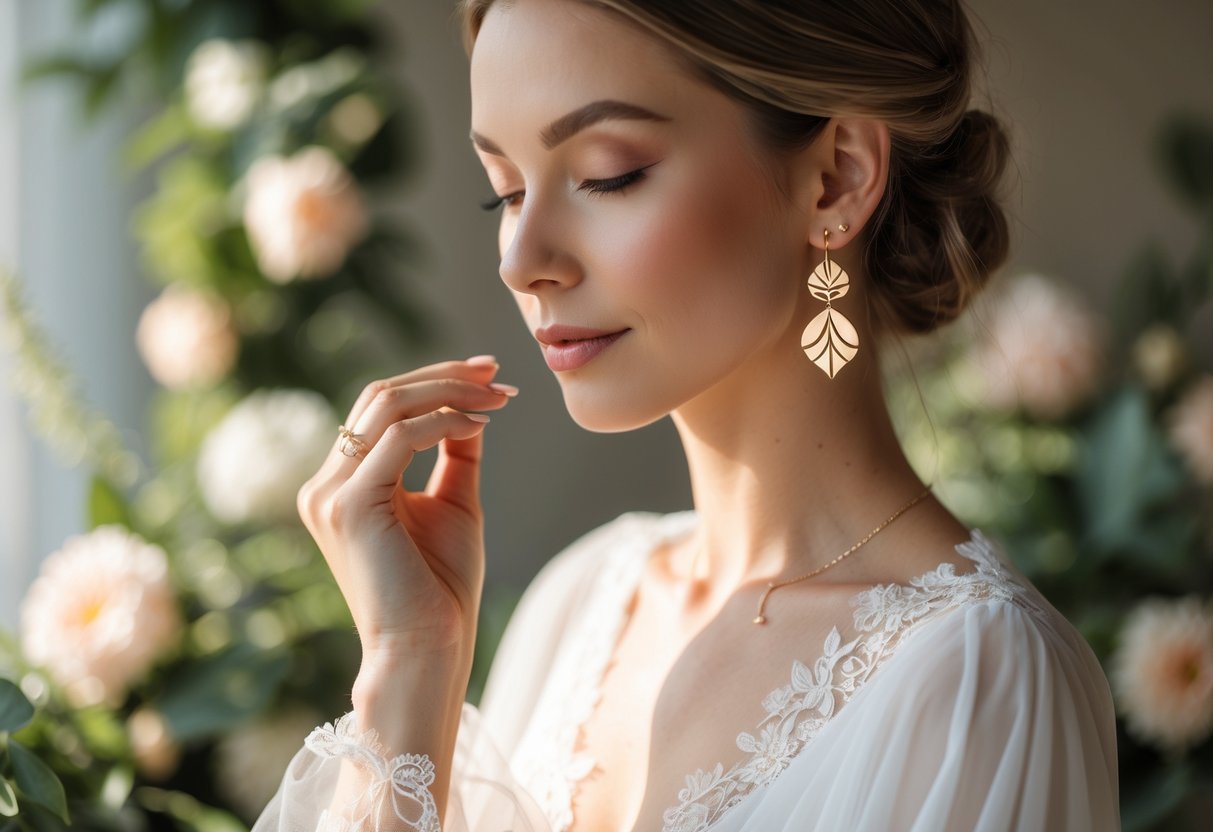 A bride wearing elegant earrings that symbolize wellness, standing in a softly lit room with natural plants and flowers.