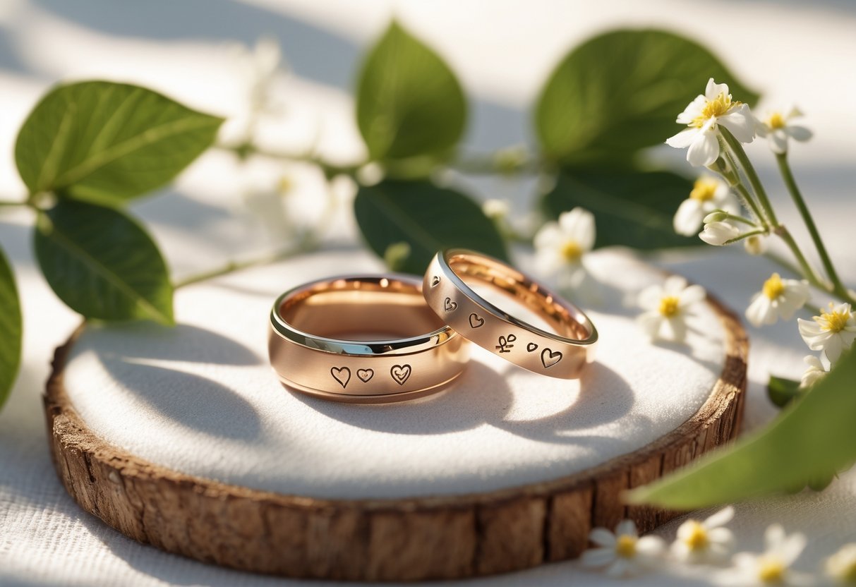Close-up of two wedding rings placed on a natural surface surrounded by green leaves and small white flowers.