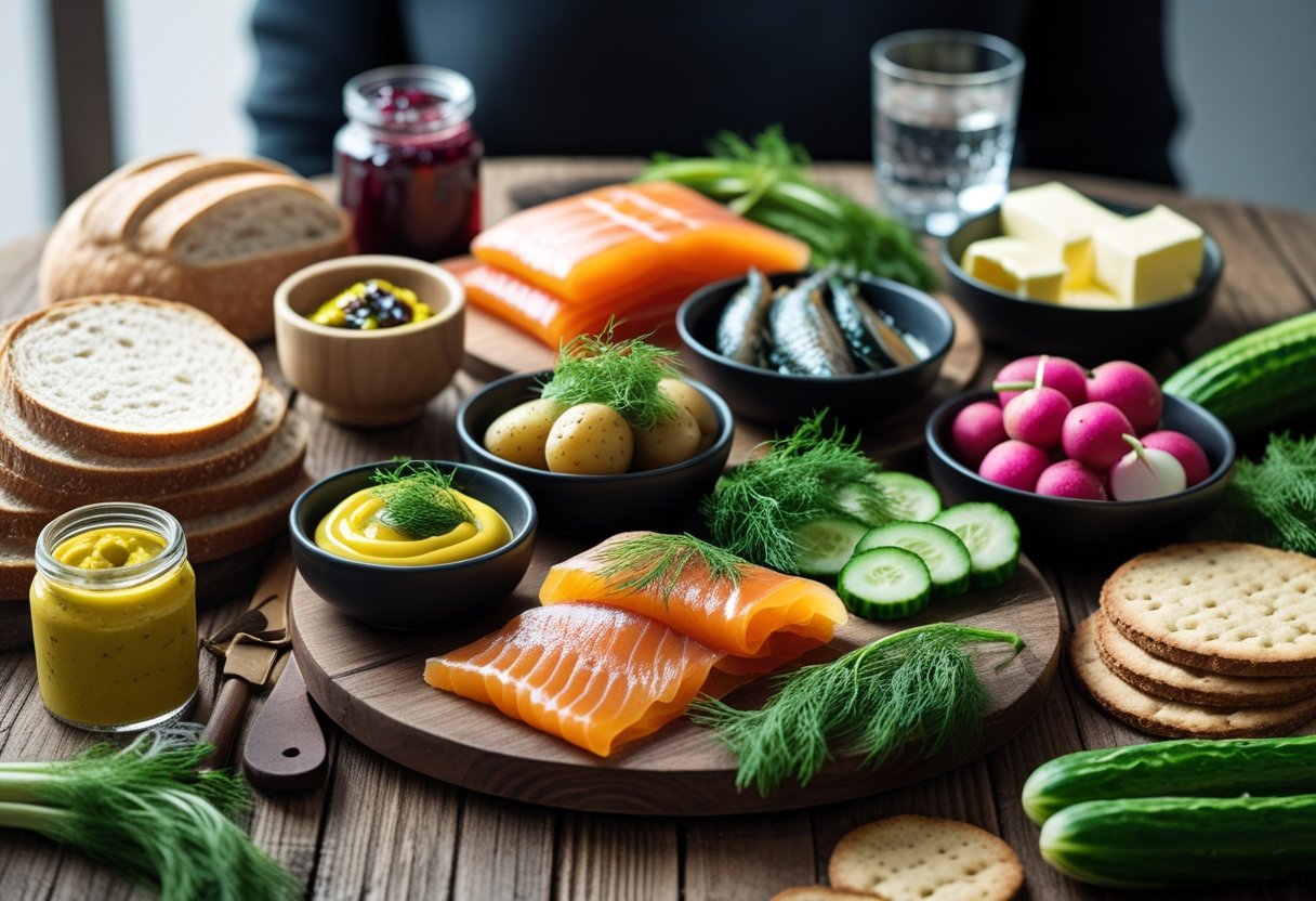 A table with traditional Scandinavian foods including smoked salmon, rye bread, pickled herring, boiled potatoes, vegetables, and jars of jam.