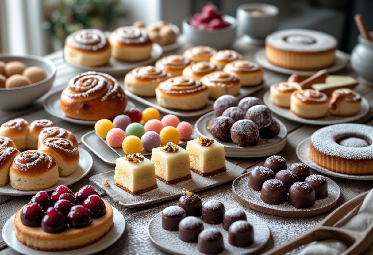 An assortment of traditional Scandinavian sweets and desserts arranged on a wooden table, including cinnamon buns, lingonberry tarts, marzipan candies, and almond cakes.