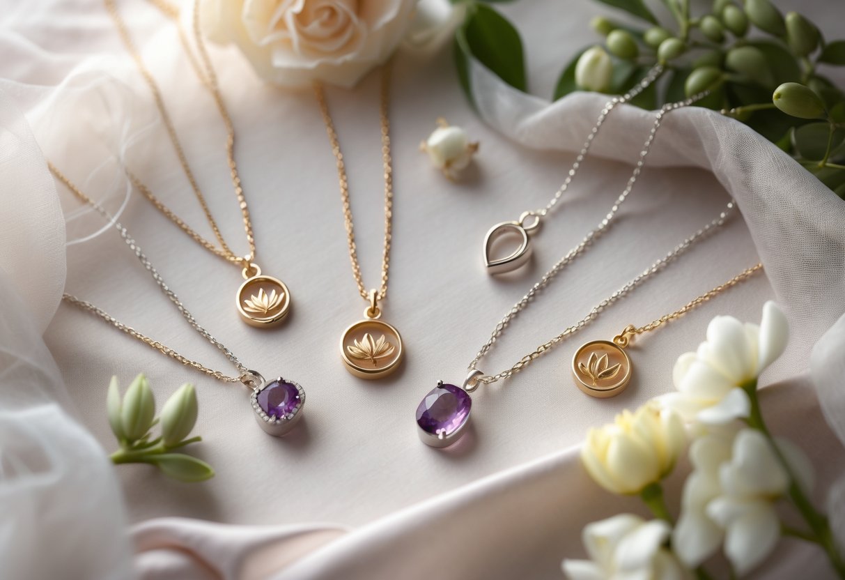Close-up of elegant necklaces and pendants arranged on soft fabric with flowers and bridal accessories nearby.